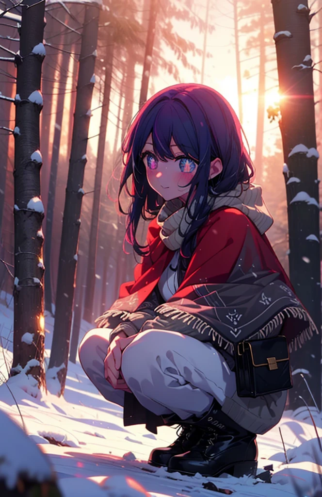 aihoshino, Ai Hoshino, Long Hair, bangs, (Purple eyes:1.1), Purple Hair, (Symbol-shaped pupil:1.5), smile,,smile,blush,white breath,
Open your mouth,snow,Ground bonfire, Outdoor, boots, snowing, From the side, wood, suitcase, Cape, Blurred, , forest, White handbag, nature, Squat, Mouth closed, Cape, winter, Written boundary depth, Black shoes, red Cape break looking at viewer, Upper Body, whole body, break Outdoor, forest, nature, break (masterpiece:1.2), Highest quality, High resolution, unity 8k wallpaper, (shape:0.8), (Beautiful and beautiful eyes:1.6), Highly detailed face, Perfect lighting, Extremely detailed CG, (Perfect hands, Perfect Anatomy),