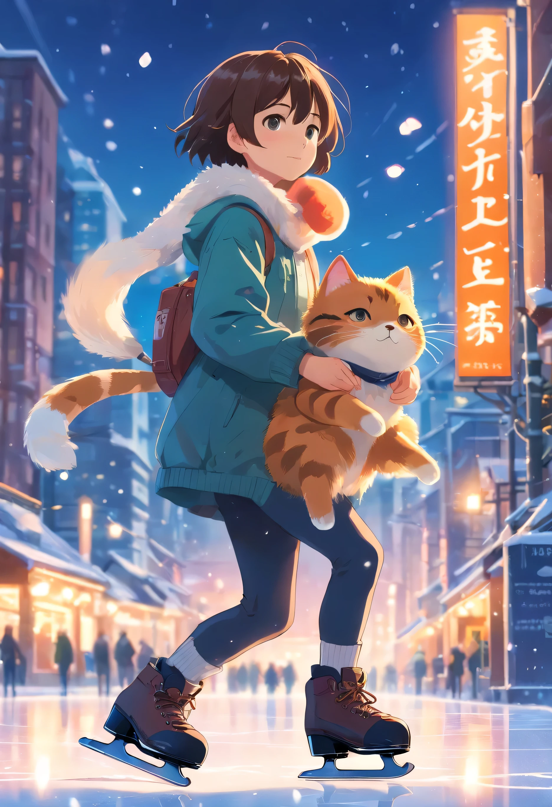 a 10 year old boy, a cute round-eyed cat,ice skating,snowy mountains,best quality,4k,8k,highres,masterpiece:1.2,ultra-detailed,realistic,photorealistic,photo-realistic:1.37,HDR,UHD,studio lighting,ultra-fine painting,sharp focus,physically-based rendering,extreme detail description,professional,vivid colors,bokeh,portrait,fantasy,cinematic lighting,warm color tones