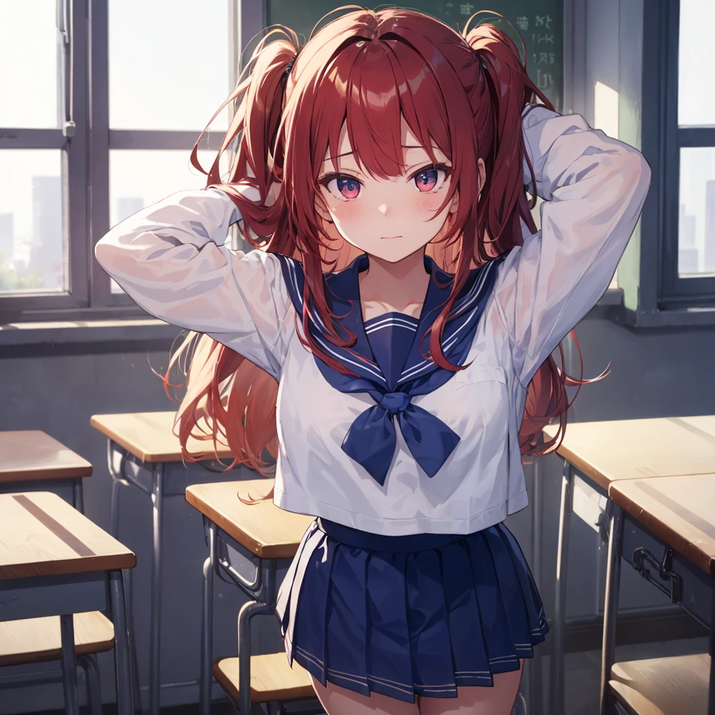 nsfw,alone, (One girl), single, , , (wearing sailor school uniform), Sailor with un-folded hems, sexy, (Cowboy Shot), ((Put your arms behind your head)), classroom, With a girl:Her hair is long and red, Her face is round and cute。It's below the knee。The shoes are black loafers。The girl had a surprised look on her face, Joy and emotion.、With eyes wide open, Open your mouth, Tears were reddening her cheeks, The cheeks and hands are drawn large., red Hair, Low , (Are standing),(Shy, Embarrassing), yellow eyes, big breasts, belly button can be seen, pink love heart tattoo under belly button