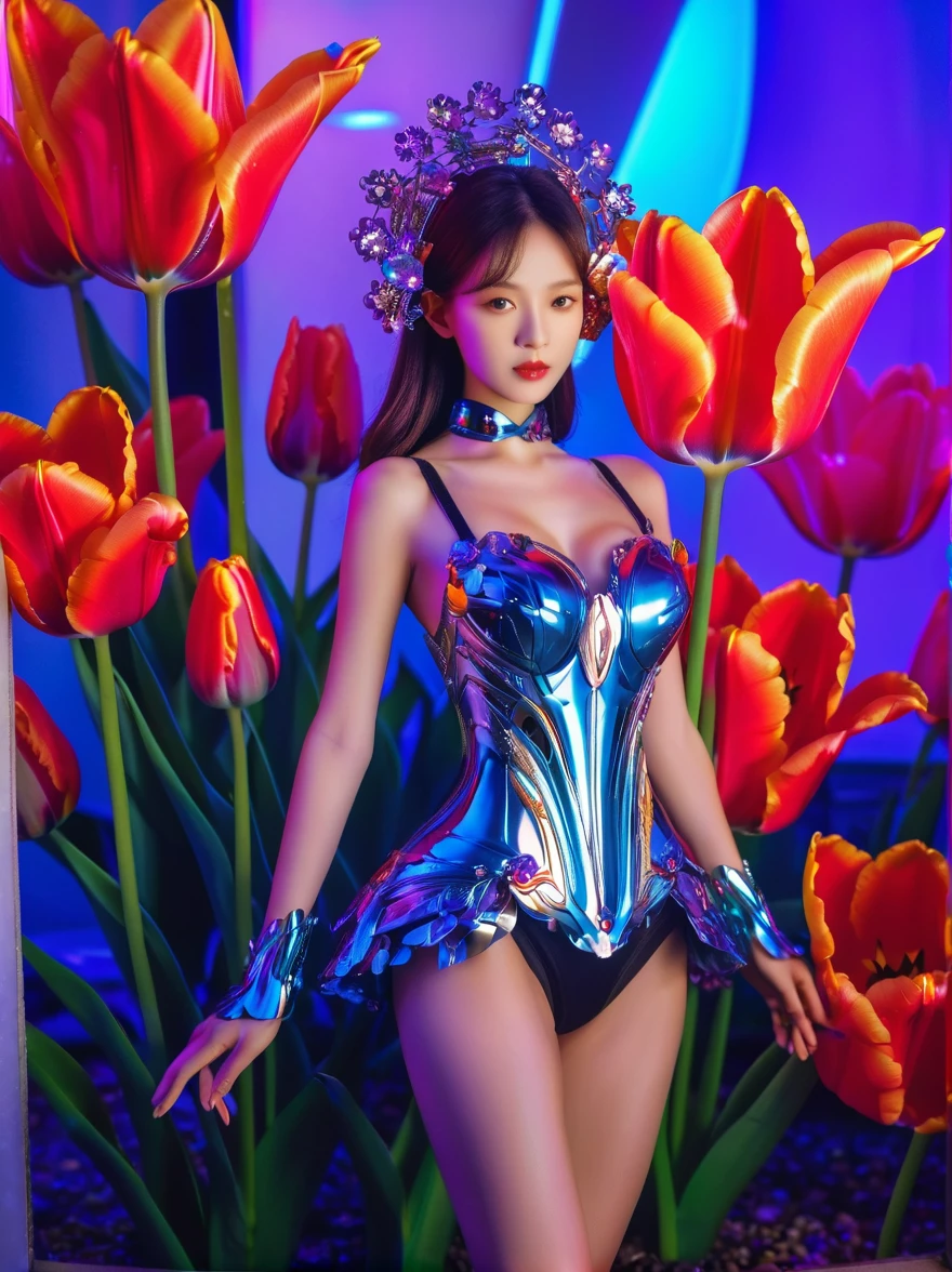 (3D，Mechanical feel，cute，ais-scrapyrd 1girl，tulip)，(使用广角镜头拍摄whole body图像:1.9)，(masterpiece:1.1)，(Highest quality:1.1)，(HDR:1.0)，Ambient Light，Ultra high quality，(Ultra-detailed original illustrations)，(1 Girl，whole body)，(Rainbow Skirt)，(Slender thighs)，(由tulip花朵制成的鞋子: 1.5)，((Harajuku Fashion))，((Flowers with human eyes，Eye disease))，Double Exposure，Fusion of Fluid Abstract Art，Fault，(Original illustration composition)，(Limited color blending，Extreme art style，Geometric artstyle), , Colorful neon lights，High-tech mechanical parts，Metal body，Detailed Vibranium Flower Design，Vibrant colors，Dynamic glowing flowers，Reflective metal surface，Bright environment，Dynamic poses，Exquisite existence，Skills Improvement，Interlocking mechanical gears，Stylish design，motion blur effect，Detailed metal treatment，Sci-fi atmosphere，Streamlined aerodynamic shape，Laser scanning pattern，Holographic projection，LED light track，Beautiful and unforgettable，Advanced sensors，Complex algorithms，Ominous and mysterious atmosphere，Electric Spark，Shiny chrome，Propulsion systems of the future，(Best quality，8k，high resolution，masterpiece:1.2)，Super detailed，(whole body:1.8), magazine photography，一个cute的女孩形象，Popular on social platforms，((Dopamineism))，(((Dopamine color matching)))，Dopamine，(in the style of Y2K)，Luo Erchun，3D古风，Oriental poetry and painting