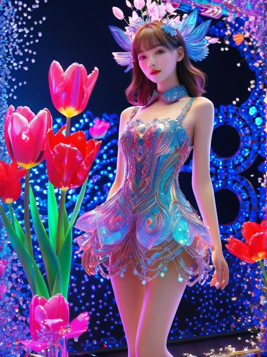 (3D，Mechanical feel，cute，ais-scrapyrd 1girl，Mechanical tulip)，(使用广角镜头拍摄whole body图像:1.9)，(masterpiece:1.1)，(Highest quality:1.1)，(HDR:1.0)，Ambient Light，Ultra high quality，(Ultra-detailed original illustrations)，(1 Girl，whole body)，(Rainbow Skirt)，(Slender thighs)，(Shoes made from tulip flowers: 1.5)，((Harajuku Fashion))，((Tulip flower with human eyes，Eye disease))，Double Exposure，Fusion of Fluid Abstract Art，Fault，(Original illustration composition)，(Limited color blending，Extreme art style，Geometric artstyle), , Colorful neon lights，High-tech mechanical parts，Metal body，Detailed Vibranium Flower Design，Vibrant colors，Dynamic glowing flowers，Reflective metal surface，Bright environment，Dynamic poses，Exquisite existence，Skills Improvement，Interlocking mechanical gears，Stylish design，motion blur effect，Detailed metal treatment，Sci-fi atmosphere，Streamlined aerodynamic shape，Laser scanning pattern，Holographic projection，LED light track，Beautiful and unforgettable，Advanced sensors，Complex algorithms，Ominous and mysterious atmosphere，Electric Spark，Shiny chrome，Propulsion systems of the future，(Best quality，8k，high resolution，masterpiece:1.2)，Super detailed，(whole body:1.8), magazine photography，一个cute的女孩形象，Popular on social platforms，((Dopamineism))，(((Dopamine color matching)))，Dopamine，(in the style of Y2K)，Luo Erchun，3D古风，Oriental poetry and painting