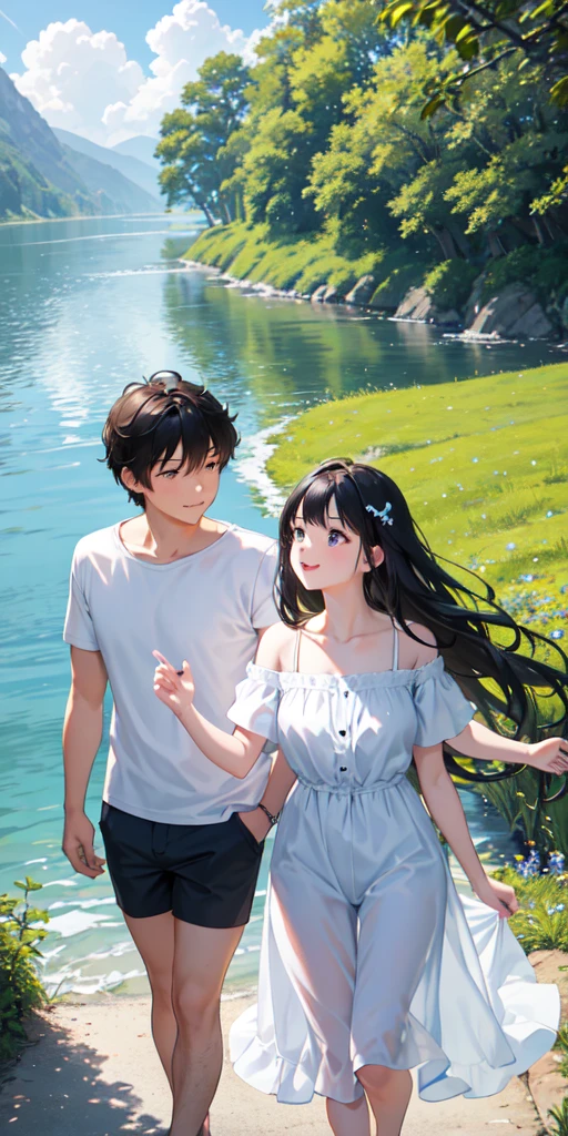 ((best quality)), ((masterpiece)), (detailed), (perfect face), Create a charming, heartwarming scene of a cute girl and a cute boy walking hand-in-hand along a riverbank. The girl has long, wavy hair and is wearing a light, summery dress, while the boy has short, tousled hair and is dressed in a casual t-shirt and shorts. They are smiling and looking at each other affectionately. The river beside them is calm and clear, reflecting the blue sky above. The riverbank is lush with green grass, wildflowers, and a few scattered trees providing dappled shade. In the background, there are gentle hills and a bright, sunny sky with a few fluffy clouds. The overall mood of the image should be one of youthful joy, love, and the simple pleasures of a beautiful day outdoors.
