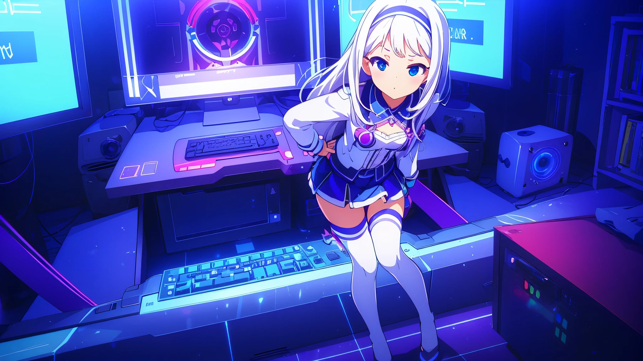 1 beautiful girl excellent quality perfect anatomy vtuber white hair light blue eyes long stockings in the room rgb led pc gaming full body Mini skirt small breasts