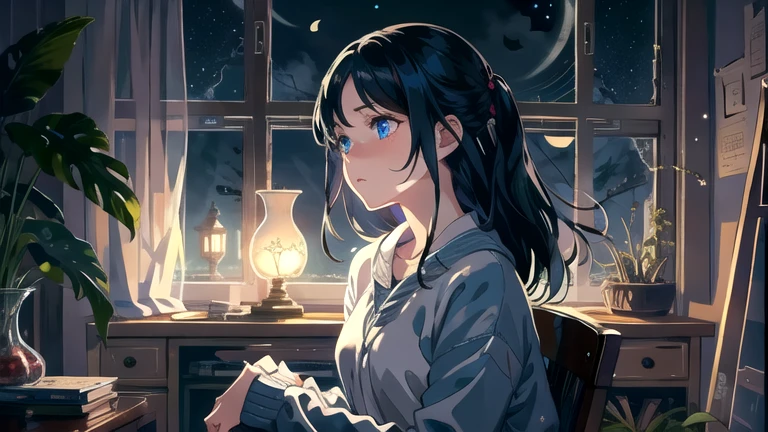 Create an illustration of a girl with black hair and blue eyes, sitting in a chair in front of a desk, Sentimental, Introspective look。, The moonlight gently shines into the room, Gently illuminate the space, Curtains sway in the wind, Increase tranquility, Dark mood, Emphasise the theme of loneliness, silence, And the depths of night, The room is dark、dimly lit by the moonlight