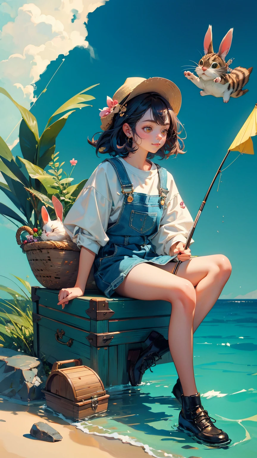 A unique and comedic illustration of a fishing cat character who makes KYC procedures as easy as fishing. The cat, happy and satisfied, holds a fishing rod and sits on a treasure chest labeled 'KYC.' The background features a sun setting over a calm water surface with various fish labeled 'KYC APPROVED,' 'ID VERIFIED,' and other KYC-related terms. Some of the fish have additional labels like 'ADD ADDRESS.' A rabbit and a squirrel in the water add to the whimsical scene. Replace the fishing cat character with a beautiful, cute girl while maintaining the same comedic, whimsical style and vibrant expressions. Ensure the new character has similarly styled hair and clothing to fit seamlessly into the scene. The background, water surface, and overall color scheme should remain exactly the same, preserving the unique and humorous feel of the image