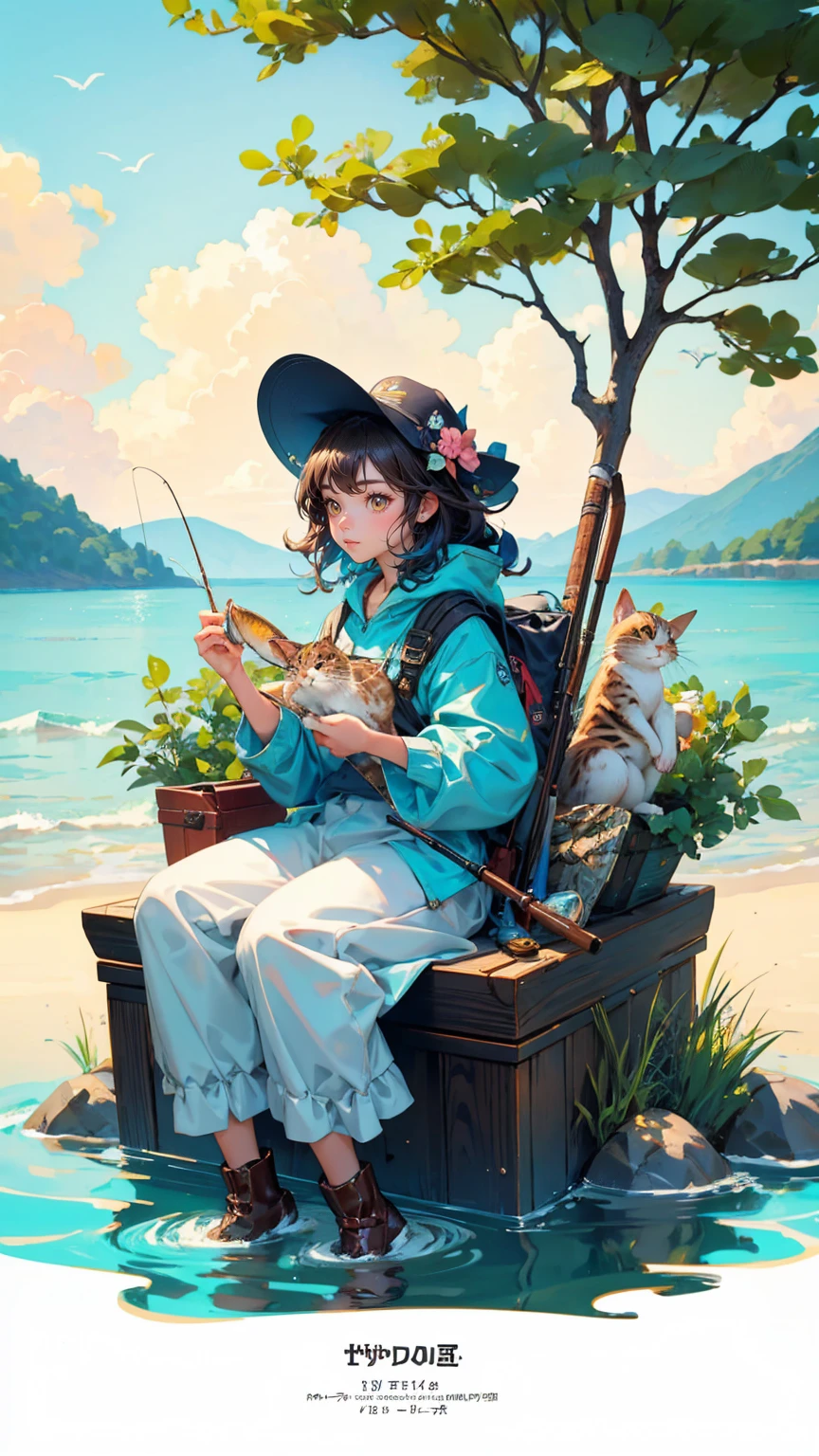 A unique and comedic illustration of a fishing cat character who makes KYC procedures as easy as fishing. The cat, happy and satisfied, holds a fishing rod and sits on a treasure chest labeled 'KYC.' The background features a sun setting over a calm water surface with various fish labeled 'KYC APPROVED,' 'ID VERIFIED,' and other KYC-related terms. Some of the fish have additional labels like 'ADD ADDRESS.' A rabbit and a squirrel in the water add to the whimsical scene. Replace the fishing cat character with a beautiful, cute girl while maintaining the same comedic, whimsical style and vibrant expressions. Ensure the new character has similarly styled hair and clothing to fit seamlessly into the scene. The background, water surface, and overall color scheme should remain exactly the same, preserving the unique and humorous feel of the image
