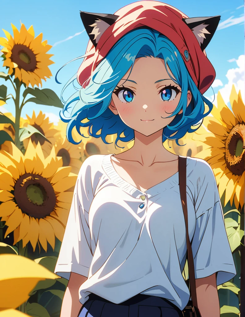 (anime artwork, anime style, studio anime, very detailed, up to date, vibrant, Anime Coloring, high contrast, masterpiece:1.2, best quality, best aesthetics),{{774inc}},{{souya ichika}},{{summer clothes}},1 girl,blue hair,light smile,sunflower park,sexy pose,(cat ear:1.5),ultra-detailliert