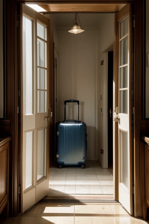 5 calm images that show Libra in a. Open door in oitra, luggage and a happy person