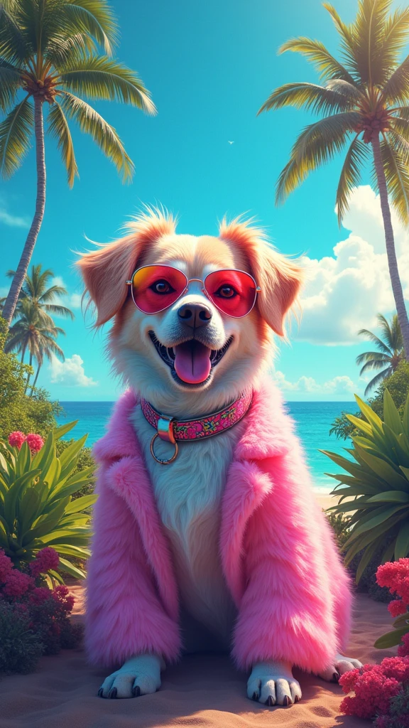 shot of vaporwave-fashion dog in Hawaii
