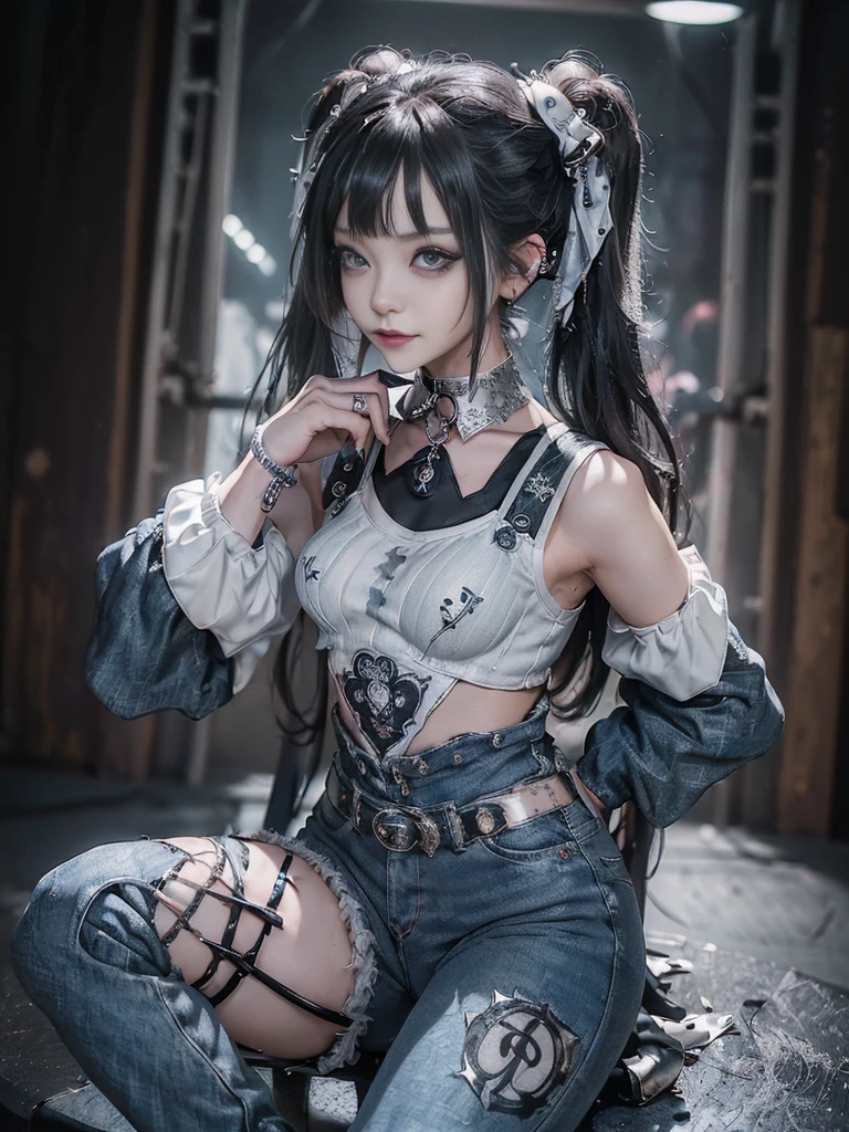 (Full Body View:1.2)、(Side view:1.1)、(Smiling with teeth showing:1.3),(Shibuya Gal:1.5)、(Fashion in the style of Gothic Lolita:1.5)、(Punk rock visual kei:1.5)、(Wearing a rhythmic gymnastics bodysuit with intricate details:1.4)、(Elaborately decorated white racing suit and pants, Denim and Charcoal:1.5)、(Denim and light blue and white boots:1.3)、((belt))、(A number of subtle logos are featured throughout the costume々:1.4)、(collar:1.3)、(Underwear decorated with silver accessories:1.5)、20-year-old、Browsing Caution、((Highest quality、In 8K、masterpiece:1.3))、Sharp focus:1.2、(Layered Cut、Beautiful boobs:1.1),Beautiful woman with perfect figure:1.4、(She is posing as a glamour model.:1.3)、Slim Abs:1.2、Highly detailed face and skin texture、Detailed eyes、double eyelid,(Twin tails:1.3)、(Black brown hair:1.3)、Idol Sculpture、(The background is the stage for a fashion show:1.3)、(The body is slim:1.3),(Slimming your legs:1.4),(clavicle:1.1)、(Thin and slim thighs:1.3)