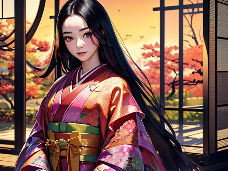 (Highest quality、 8k 、masterpiece、High resolution)、Heian period、A beautiful young woman from the nobility、、(Straight hair、Long, beautiful black hair)，(12 Single layer kimono、The beauty of layered colors)，Official Art、Detailed CG、