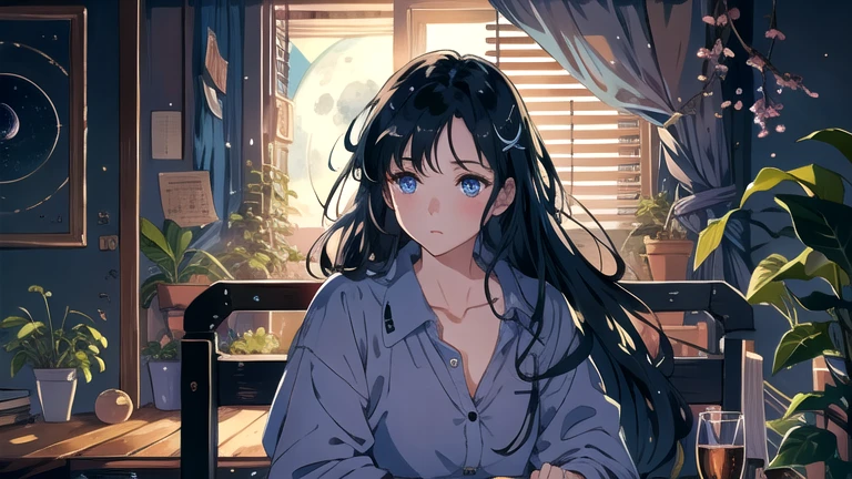 Create an illustration of a girl with black hair and blue eyes, sitting in a chair in front of a desk, Sentimental, Introspective look。, The moonlight gently shines into the room, Gently illuminate the space, Curtains sway in the wind, Increase tranquility, Dark mood, Emphasise the theme of loneliness, silence, And the depths of night, The room is dark、dimly lit by the moonlight