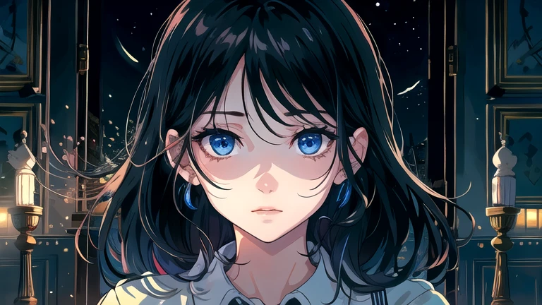 Create an illustration of a girl with black hair and blue eyes, sitting in a chair in front of a desk, Sentimental, Introspective look。, The moonlight gently shines into the room, Gently illuminate the space, Curtains sway in the wind, Increase tranquility, Dark mood, Emphasise the theme of loneliness, silence, And the depths of night, The room is dark、dimly lit by the moonlight
