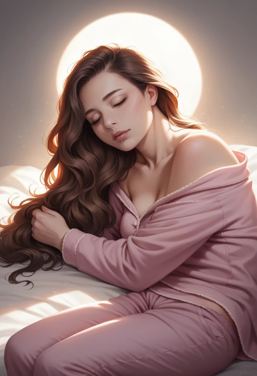 A sleeping girl, 22 years old, detailed realistic portrait, girl wearing long pink pajama pants, brown hair, peaceful expression, beautiful detailed eyes, beautiful detailed lips, extremely detailed face and skin, flowing hair, soft lighting, photorealistic, cinematic, intricate details, warm color palette, dramatic lighting, masterpiece, high quality, 8k