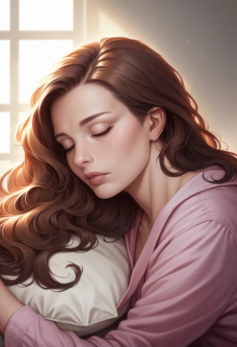 A sleeping girl, 22 years old, detailed realistic portrait, girl wearing long pink pajama pants, brown hair, peaceful expression, beautiful detailed eyes, beautiful detailed lips, extremely detailed face and skin, flowing hair, soft lighting, photorealistic, cinematic, intricate details, warm color palette, dramatic lighting, masterpiece, high quality, 8k