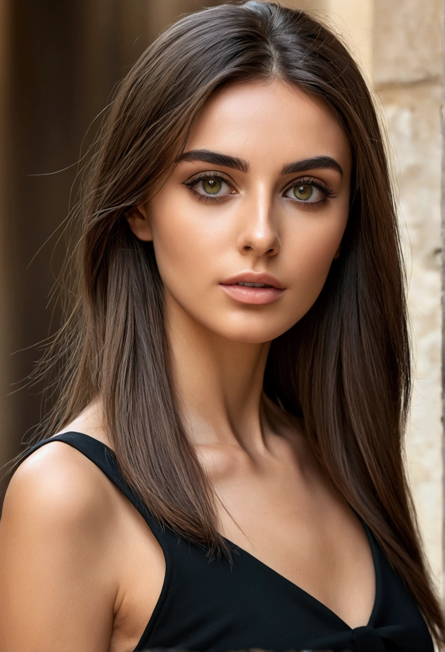 A realistic photo of beautiful italian woman model wear a black short dress ,light makeup, long straight brown hair, high quality photo 4k, very detailed, perfect fit, looking at the camera, detailed face, detailed eyes, olive skin 