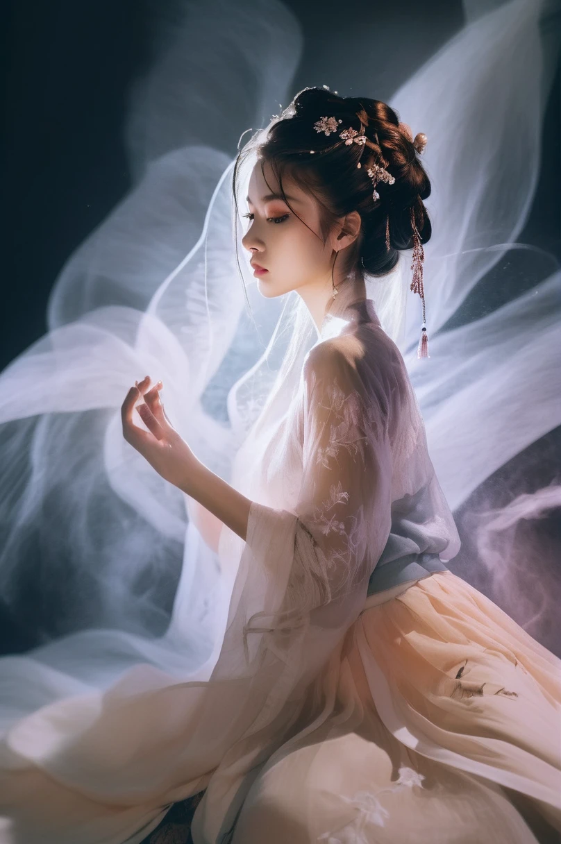 Double exposure style, Volumetric Lighting, Girl in tulle skirt,Head tilt,Traditional clothing,Artistic calligraphy and ink,, light depth, Dramatic atmospheric lighting, Volumetric Lighting, Ghosting effect, Image combination, Double exposure style