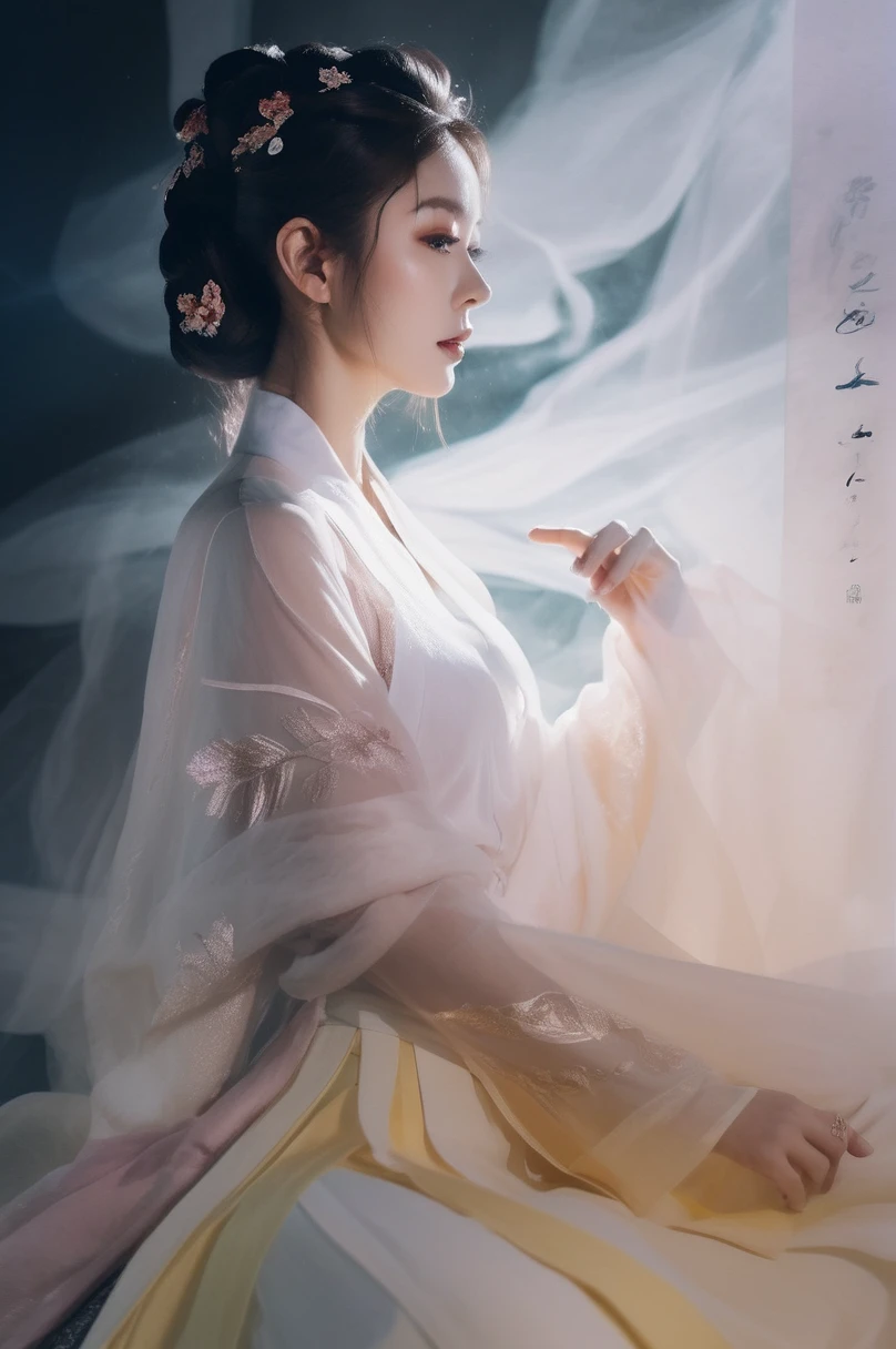 Double exposure style, Volumetric Lighting, Girl in tulle skirt,Head tilt,Traditional clothing,Artistic calligraphy and ink,, light depth, Dramatic atmospheric lighting, Volumetric Lighting, Ghosting effect, Image combination, Double exposure style
