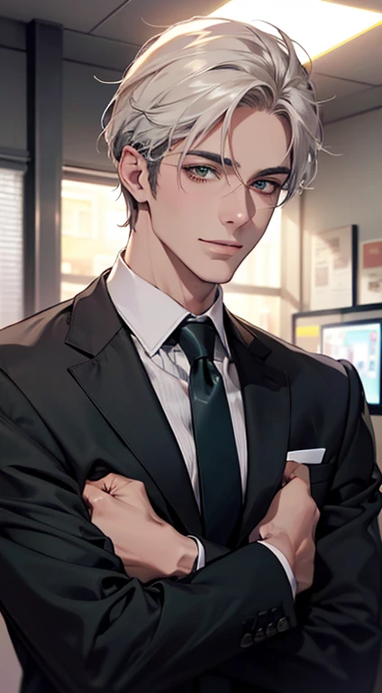 (Highest quality,4K,8K,High resolution,masterpiece:1.2),Super detailed,(Realistic,photoRealistic,photo-Realistic:1.37),1 person,34 years old,Mature Men,Beautiful skin、very handsome,Expressionless smile in love,Short white hair,green eyes,Sharp Eyes,A perfect face without a doubt,Businessman, CEO, Office Background,Cinema Lighting,HDR image,tie、