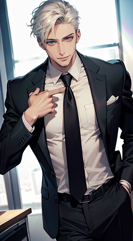 (Highest quality,4K,8K,High resolution,masterpiece:1.2),Super detailed,(Realistic,photoRealistic,photo-Realistic:1.37),1 person,34 years old,Mature Men,Beautiful skin、very handsome,Expressionless smile in love,Short white hair,green eyes,Sharp Eyes,A perfect face without a doubt,Businessman, CEO, Office Background,Cinema Lighting,HDR image,tie、