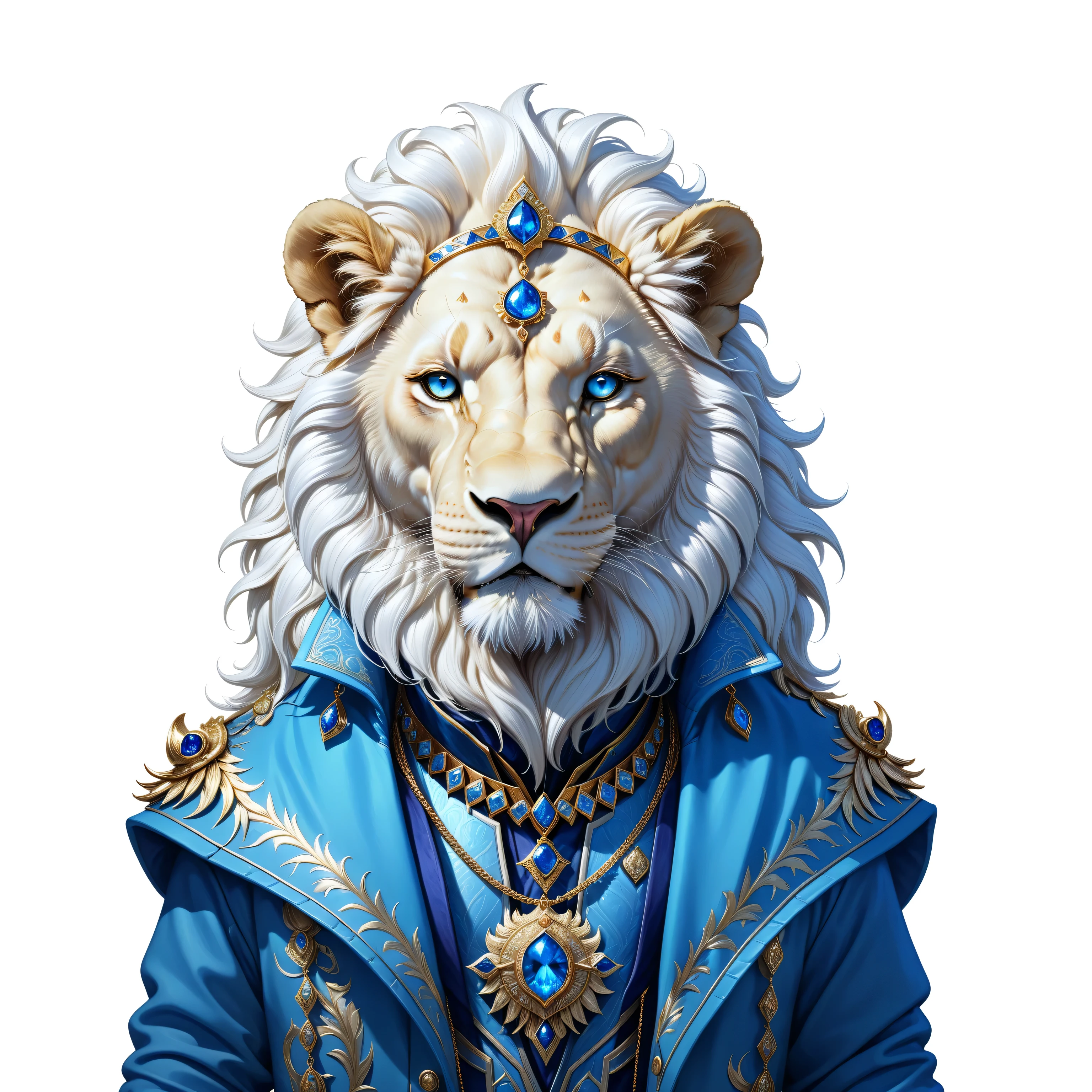 there is a white albino lion wearing a blue coat and a gold necklace, Aslam, The lion, albino mystic portrait, hyperdetailed fantasy character, dramatic cinematic detailed skin, Majestade em roupas nobres,  majestic, dominant with white and blue colors, wearing a general geneticist costume jacket, Syrian mystic lion, complex fantasy character, wearing a cut blue crystal jewelry with gold border. It has a radiant blue light coming from the third eye.
