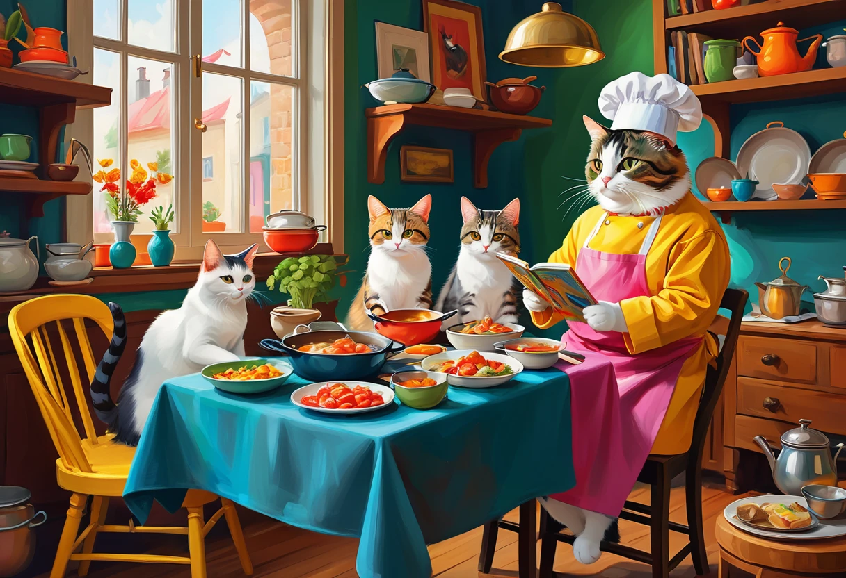 (Playful cats:1.3) engaging in (human-like hobbies:1.2) on (International Cat Day:1.1). (Feline artists:1.2) painting on easels, (cat chefs:1.2) wearing toques and preparing fish dishes, (bookworm cats:1.1) reading in cozy armchairs. (Whimsical:1.3) and (colorful:1.2) scene with (multiple cats:1.1) in a (home setting:1.1). (Cute:1.2) and (humorous:1.2) atmosphere. (Digital art:1.1) style, (vibrant colors:1.2). (Masterpiece:1.4)