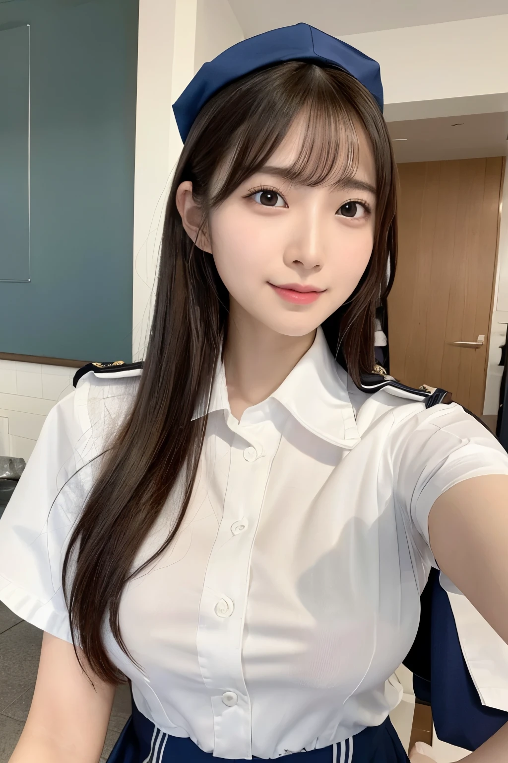 4K,8k,Masterpiece,Realistic),Super Resolution:1.3、Real、(Japanese:1.3)、 RAW Photos、(Realistic:1.2)、looking at the camera、Symmetrical face、(Beautiful face in every detail)、Good looking、Age 25、Japaneseアイドル、Beautiful eyes、Natural Makeup、Cleavage、smile、conductor、train、Put on a uniform cap、See-through、Nipples、Wear a white blouse、(Uniforms that show underwear:1.5)、Bold behavior、Sexy Uniform、All aboard!