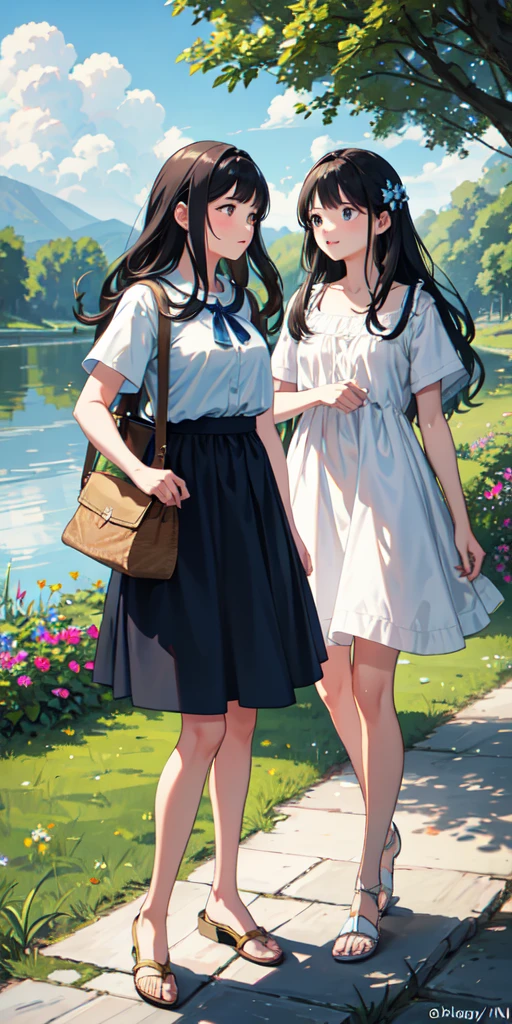 ((best quality)), ((masterpiece)), (detailed), (perfect face), Create a charming, heartwarming scene of a cute girl and a cute boy arguing about their relationships. The girl has long, wavy hair and is wearing a light, summery dress, while the boy has short, tousled hair and is dressed in a casual t-shirt and shorts.. The river beside them is not calm and not clear, reflecting the blue sky above. The riverbank is lush with green grass, wildflowers, and a few scattered trees providing dappled shade. In the background, there are gentle hills and a bright, sunny sky with a few fluffy clouds. The overall mood of the image should be one of youthful joy, love, and the simple pleasures of a beautiful day outdoors.