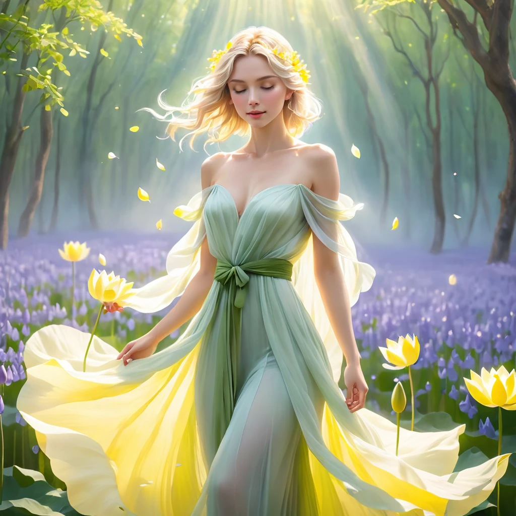 Best quality,4k, 8 K,a high resolution, masterpiece, unique, bright, perfect, well done, woman made from unripe lemon flowers, flower dress with wide bokeh skirt, stilettos, full length, dance pose,very detailed,realistic,realistic,студийное Photo,very No offer , Abstract fractal, romantic atmosphere, Photo, award-winning