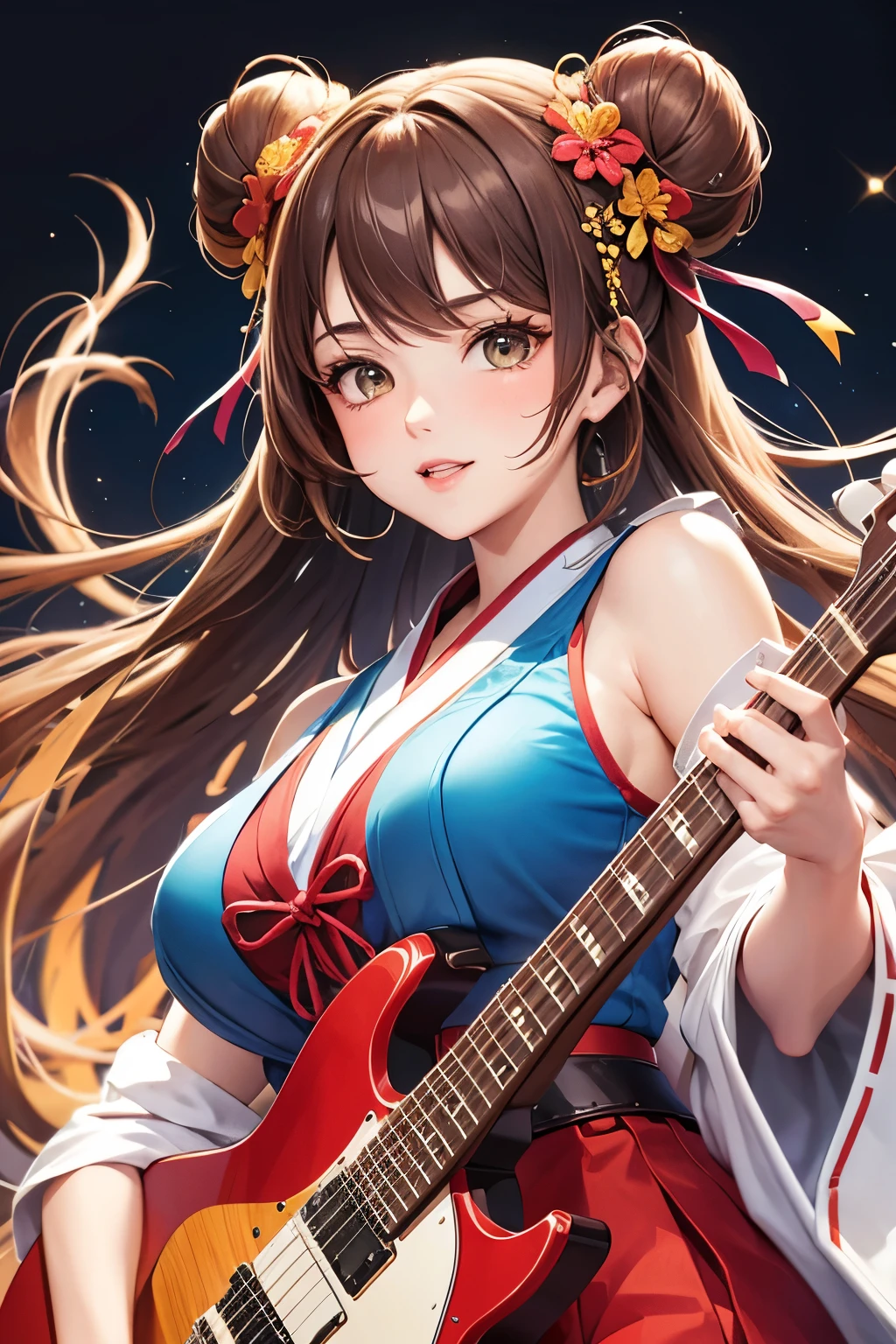 Top quality, ample limbs, perfect fingers, slender beauty, twin-tailed bun hairstyle, brown hair, Deresute, A costume of haori and hakama with a flashy pattern,Electric guitar, beautiful large breasts, live stage, Playing electric guitar