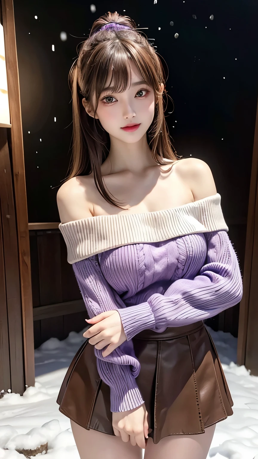 masutepiece, 超A high resolution, (Photorealistic:1.4), 8k, Raw photo, Best Quality, detailed shadow, Best Quality, amazing, finely detail, Official art, absurderes, Soft lighting, Sharp Focus, (bokeh:0.5), Light from the front, bloom, Cinematic lighting, Light on Face, (Cowboy Shot:1.5),1girl in, (huge-breasted:1), (cleavage:1), (Light brown medium hair:1.4), (bangs:1), Very cute, (narrow weist:1.8), (abs:0.7), (Teenage:1),(clavicle:1), (skinny:1.2), (Japanese face:1.2), (wide forehead:1.3), (Fair skin:1.5), (Transparent skin:1.5),(Japanese ido:1.5), (kawaii:1.5), ((Purple:1.3)Off-shoulder knit sweater:1.5), (Black tights:1.3), ((Light brown)Mini skirt:1.5), (Laugh:1.6),(snow field:1.5), (Be in the spotlight:1.5), (horizon:1.3), Winters,Photorealistic,length hair、thick lip、with round face