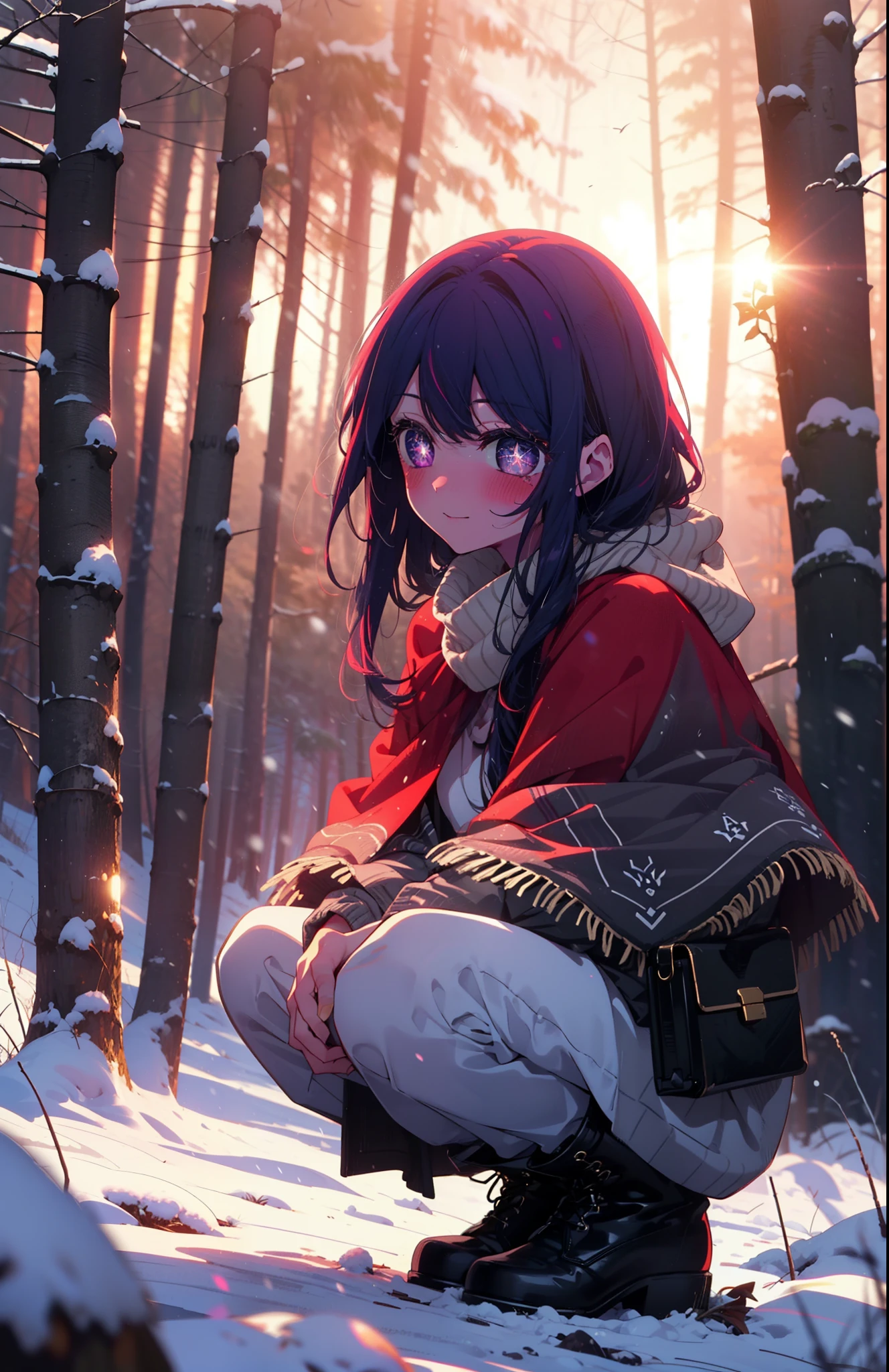 aihoshino, Ai Hoshino, Long Hair, bangs, (Purple eyes:1.1), Purple Hair, (Symbol-shaped pupil:1.5), smile,,smile,blush,white breath,
Open your mouth,snow,Ground bonfire, Outdoor, boots, snowing, From the side, wood, suitcase, Cape, Blurred, , forest, White handbag, nature, Squat, Mouth closed, Cape, winter, Written boundary depth, Black shoes, red Cape break looking at viewer, Upper Body, whole body, break Outdoor, forest, nature, break (masterpiece:1.2), Highest quality, High resolution, unity 8k wallpaper, (shape:0.8), (Beautiful and beautiful eyes:1.6), Highly detailed face, Perfect lighting, Extremely detailed CG, (Perfect hands, Perfect Anatomy),