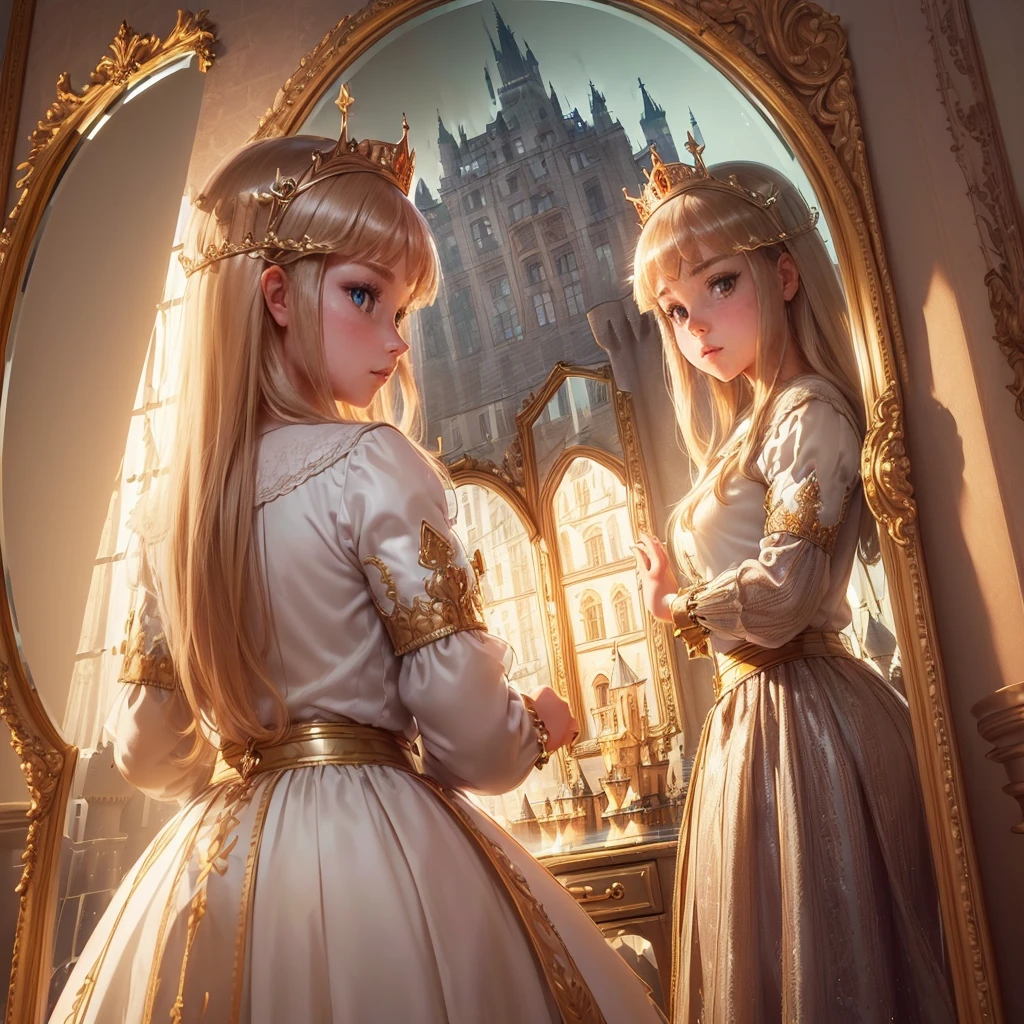(Princess:1.6),(I see the castle reflected in the mirror:1.6),masterpiece,high quality,(Highly Detailed CG Unity 8k Portrait:1.3),Nice views,,Medieval dress, Gold embroidery