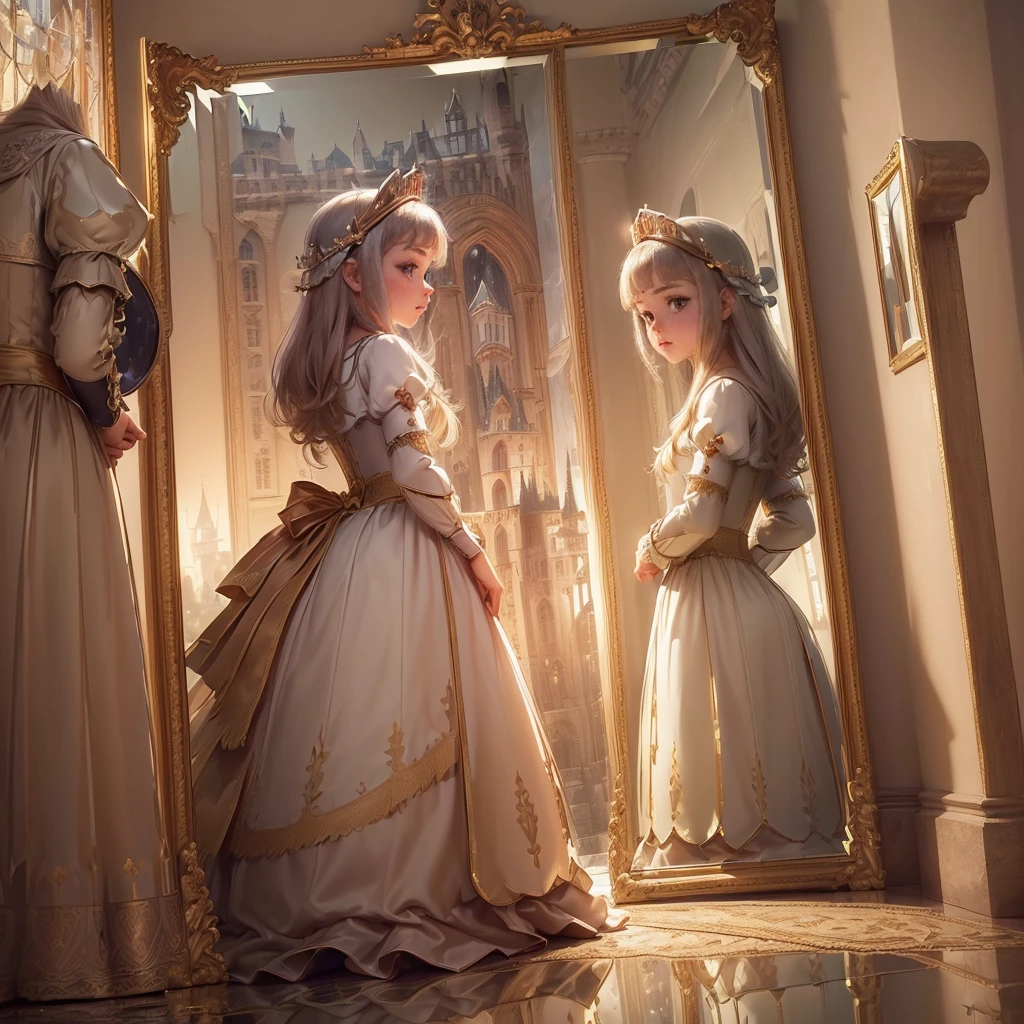 (Princess:1.6),(I see the castle reflected in the mirror:1.6),masterpiece,high quality,(Highly Detailed CG Unity 8k Portrait:1.3),Nice views,8-year-old girl,Medieval dress, Gold embroidery