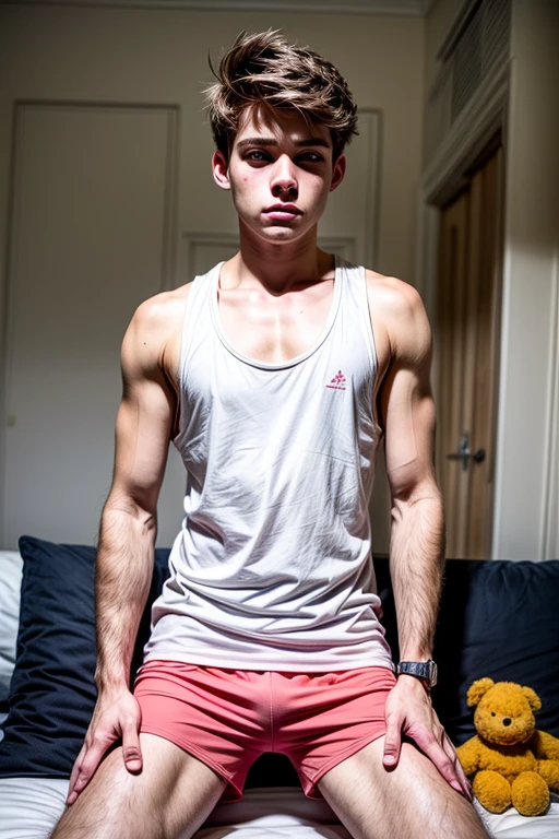 Portrait of a 17-year-old boy, on his knees, small shorts, pink shorts, tank top, pink room, stuffed animals, focus on the boy, supportive pose, open legs, sensuality, seducing the viewer, looking at the viewer, symmetrical body, perfect body, realimo, real, focus on boy, handsome boy, beautiful boy, european facial features, 1boy, solo, teen, white tank top