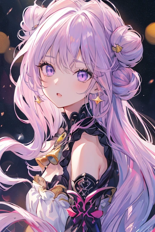 a highly detailed anatomically correct anime style portrait of a young woman with flowing purple hair that sparkles like stars in a night sky, beautiful detailed eyes, nose, and lips, long eyelashes, shiny glossy hair styled in twin buns, heart-shaped earrings, open mouth expression, glimmering effects, digital illustration, anime art, full body, (best quality,4k,8k,highres,masterpiece:1.2),ultra-detailed,(realistic,photorealistic,photo-realistic:1.37),HDR,UHD,studio lighting,ultra-fine painting,sharp focus,physically-based rendering,extreme detail description,professional,vivid colors,bokeh