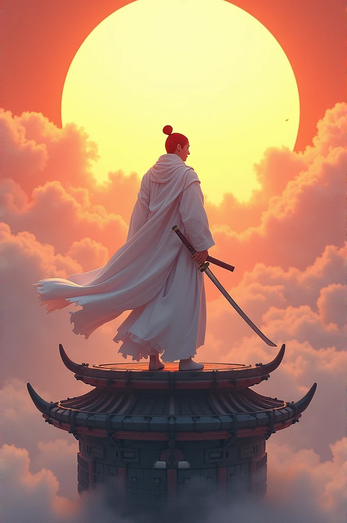 A white-clad swordsman stands on a floating roof，Behind him is a huge sun