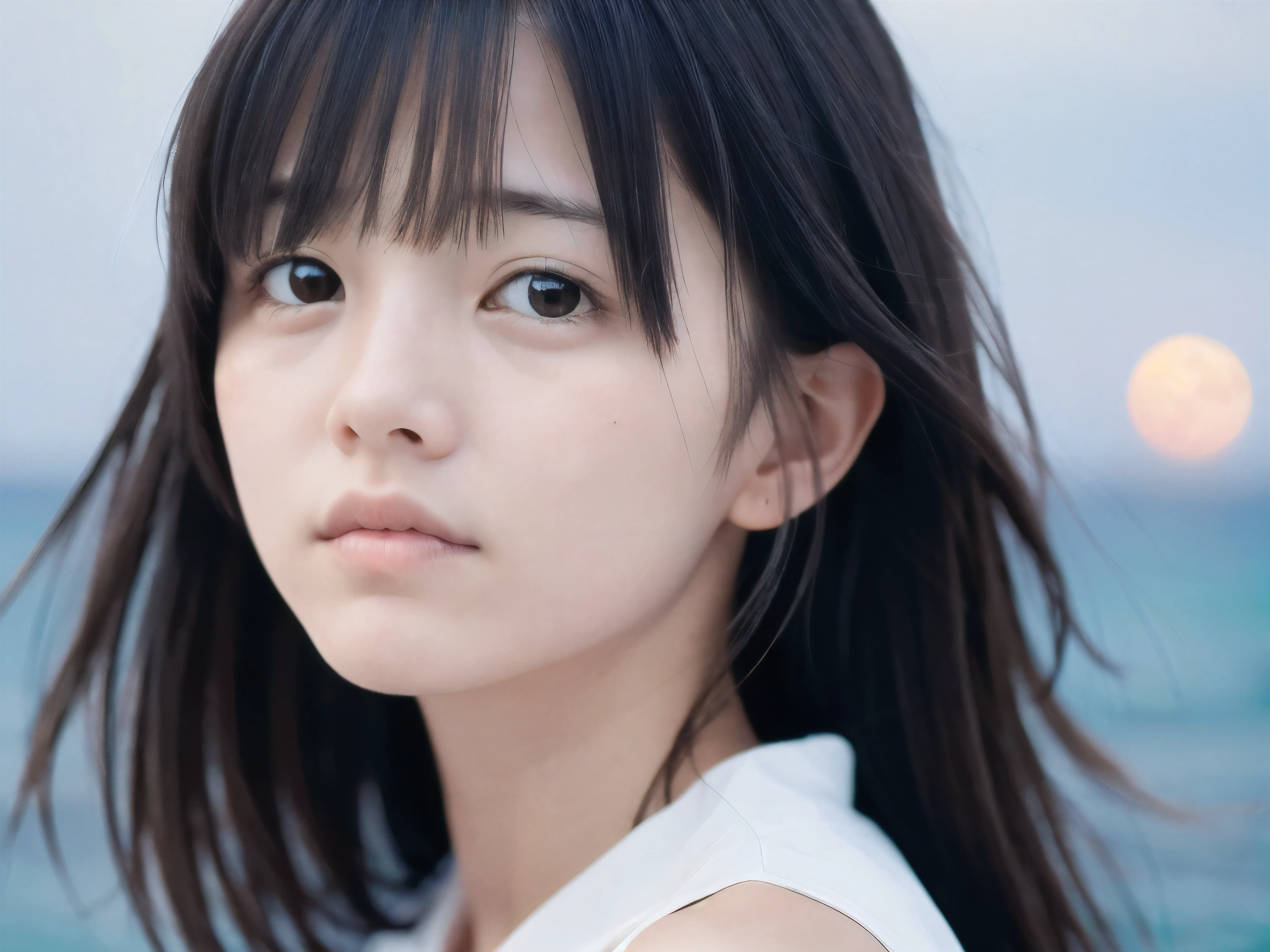(Close up face shot of slender small-breasted two side up black medium hair with bangs girl wearing a white summer dress:1.5)、(One girl is crying with tears at the cape of the sea in Japan:1.5)、(Beautiful midnight with full moon and stars on the sea:1.5)、(blurred background:1.5)、(Natural light:1.5)、(8k ultra detailed master piece:1.5)、(perfect anatomy:1.5)、(Photorealistic stick:1.5)、(Raw photo:1.3)、(highest quality:1.5)、(High resolution:1.3)、(Delicate and beautiful perfect face:1.3)、(Delicate and beautiful eye air skin:1.3)、(Real Human Skin:1.3)、((thin legs))