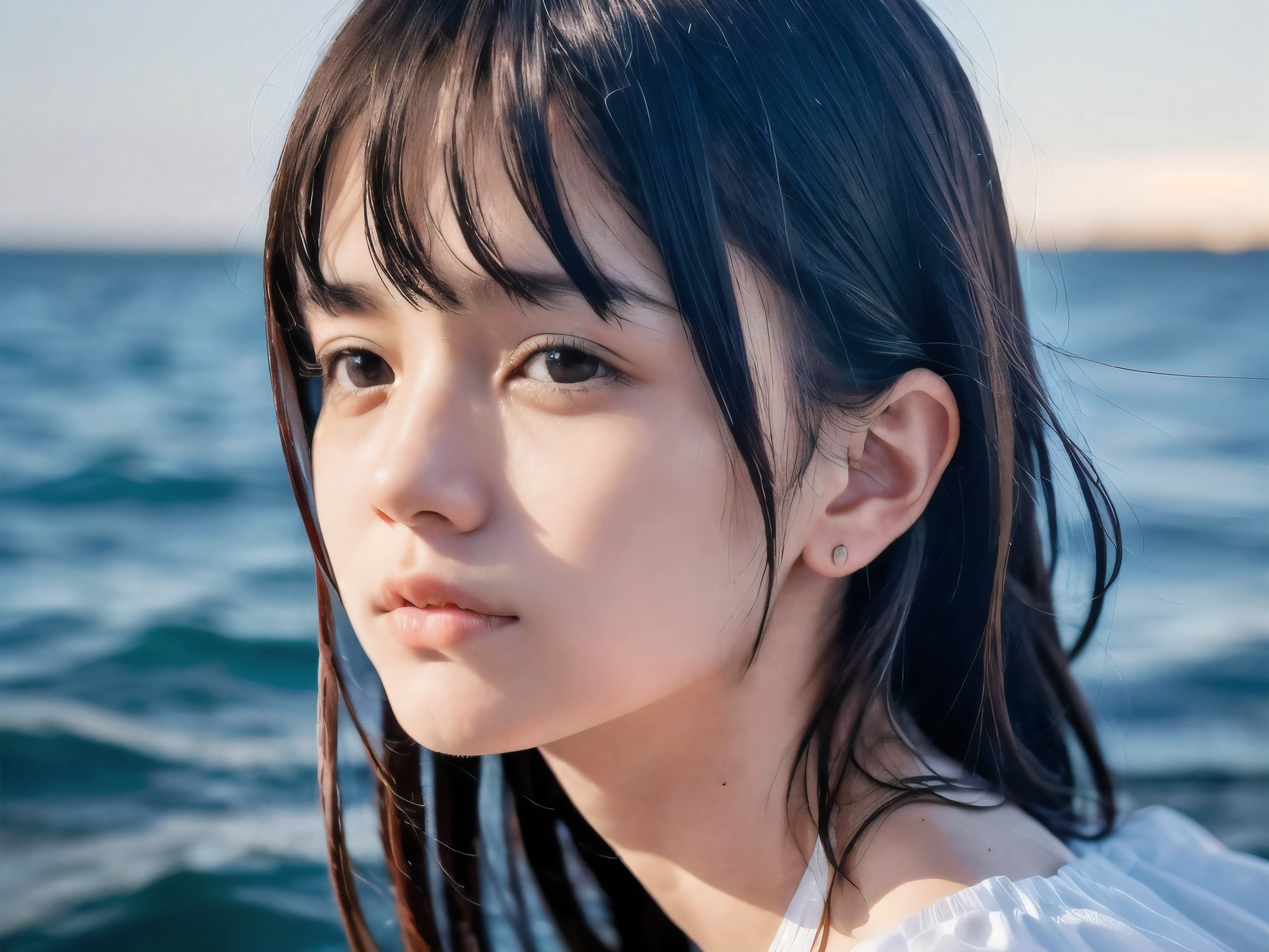 (Close up face shot of slender small-breasted dark silver long hair with swept bangs girl wearing a white summer dress:1.5)、(One girl is crying with tears at the cape of the sea in Japan:1.5)、(Beautiful midnight with full moon on the sea:1.5)、(blurred background:1.5)、(Natural light:1.5)、(8k ultra detailed master piece:1.5)、(perfect anatomy:1.5)、(Photorealistic stick:1.5)、(Raw photo:1.3)、(highest quality:1.5)、(High resolution:1.3)、(Delicate and beautiful perfect face:1.3)、(Delicate and beautiful eye air skin:1.3)、(Real Human Skin:1.3)、((thin legs))