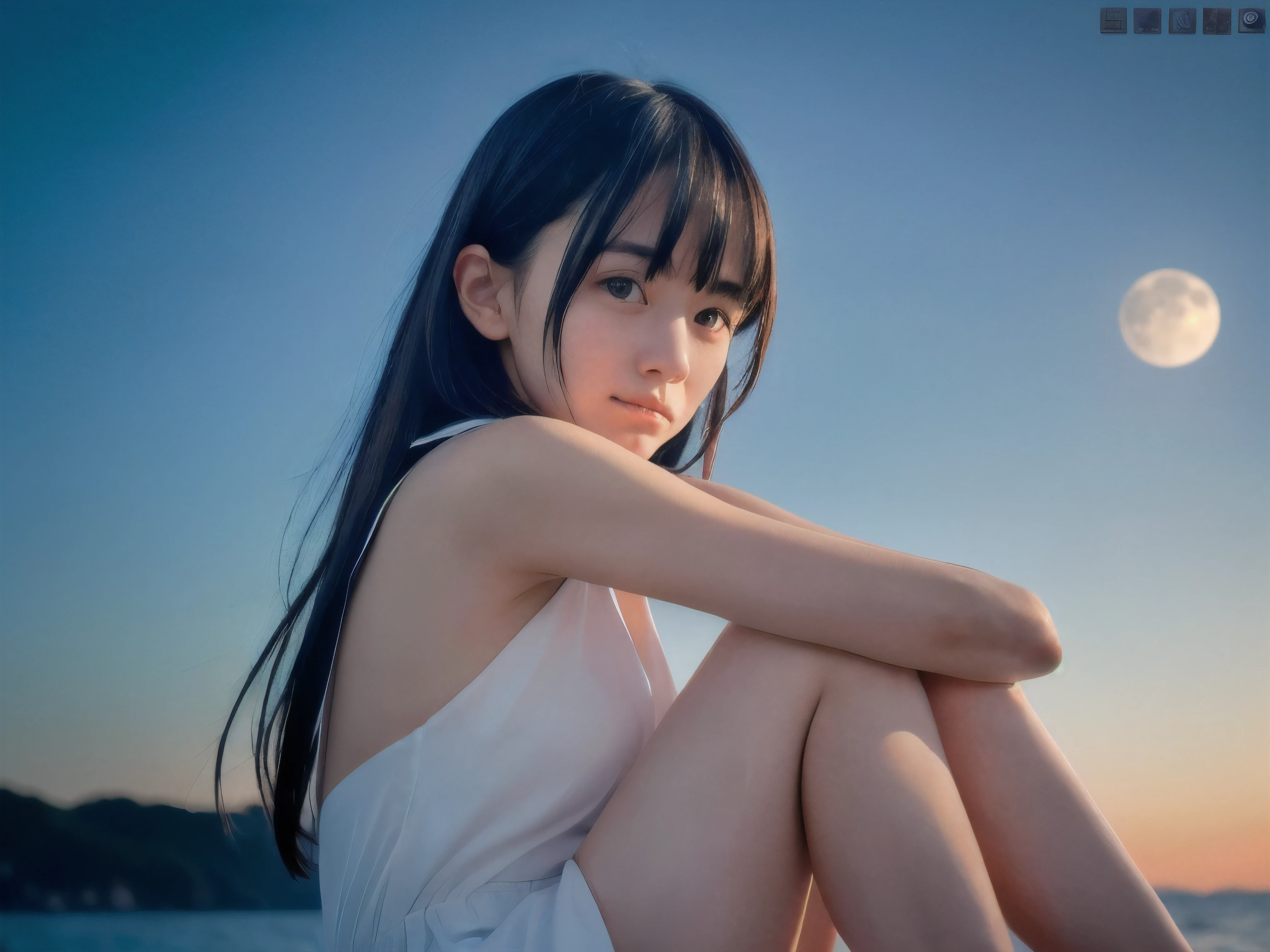(Close up face shot of slender small-breasted dark silver long hair with swept bangs girl wearing a white summer dress:1.5)、(One girl is crying with tears at the cape of the sea in Japan:1.5)、(Beautiful midnight with full moon on the sea:1.5)、(blurred background:1.5)、(Natural light:1.5)、(8k ultra detailed master piece:1.5)、(perfect anatomy:1.5)、(Photorealistic stick:1.5)、(Raw photo:1.3)、(highest quality:1.5)、(High resolution:1.3)、(Delicate and beautiful perfect face:1.3)、(Delicate and beautiful eye air skin:1.3)、(Real Human Skin:1.3)、((thin legs))