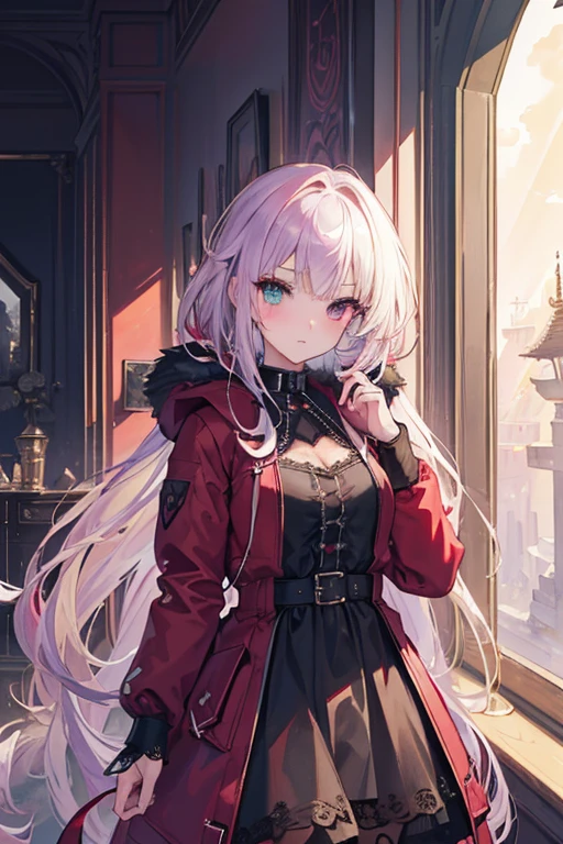 ((sand漠, sand, sand丘, Refraction effect, sun)), (masterpiece, Highest quality), (One girl), (alone), ((Portraiture)), Perfect Face, ((Heterochromia iridis, Blonde and purple hair, ((Red long parka)), Gothic unnecessary belts are everywhere, Mole under the eye)), the background is a beautiful sand漠 with cactus, Tumbleweed, Cinematic Light, sunny day, Dramatic lighting, Super detailed, 8k, watercolor, Dainty, delicate (Gothic Lace, Gothic Rose, Goth aesthetic)