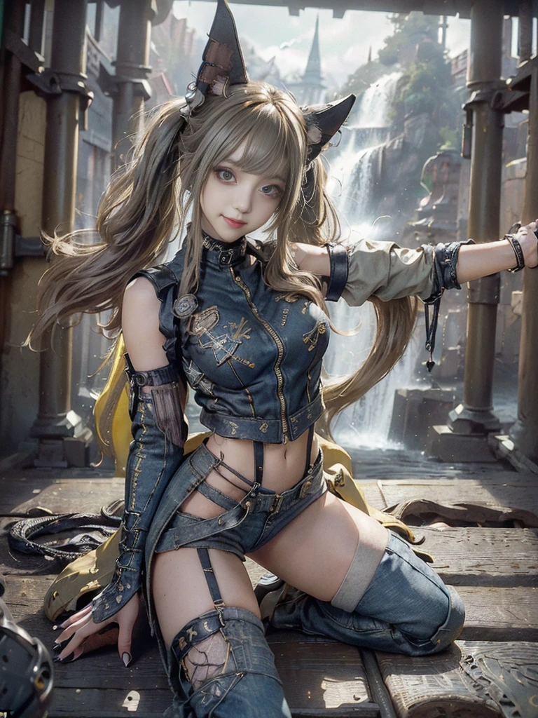 (Full Body View:1.4)、(Side view:1.1)、(Smiling with teeth showing:1.3),(Shibuya Gal:1.5)、(Beautiful:1.5)、(Punk RockVisual Kei:1.4)、(Yellow denim with khaki and brown medieval tattered zip up:1.5)、(Yellow arm covers and tattered bugle pants:1.5)、(Denim colored high heels:1.3)、(Wearing silver accessories:1.5)、(Khaki collar:1.4)、(Leather garter belt:1.4)、(Khaki skin belt:1.3)、(Navy lace underwear:1.5)、30 years old、NSFW、((Highest quality、In 8K、masterpiece:1.3))、Sharp focus:1.2、(Layered Cut、Huge boobs:1.1),Beautiful woman with perfect figure:1.4、(Doing an aerobics pose:1.3)、Slender Abs:1.2、Highly detailed face and skin texture、Detailed eyes、double eyelid,(Twin tails:1.3)、(Brown-golden hair:1.3)、Gravure idol、(A fairytale palace with a beautiful vast waterfall in the background:1.3)、(Slim Body:1.3),(Make your legs thinner:1.4),(Thin, thin thighs:1.3)、(clavicle:1.1)