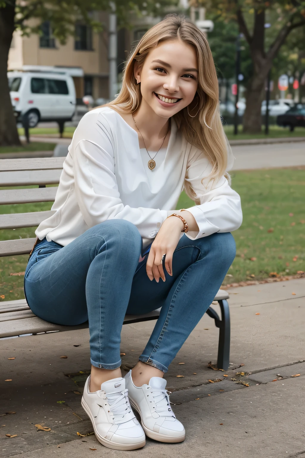 Highest quality, Woman sitting on a park bench、Full body photo、,smile、Beautiful teeth alignment、White women、Blonde Hair、Dark eyeliner、、Long sleeve blouse、Skinny jeans、sneakers、ear piercing、necklace, , Face Focus、The background is the building's corridor.