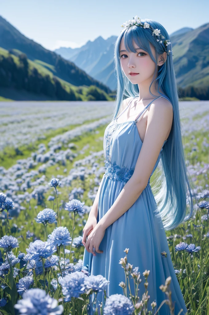 (Absurd, High resolution, Super detailed, 超High resolution, Cinematic), alone, One girl, mature, Happy, girl standing in Light blue flower field, Light blue flower petal surrounding girl, whole body, Girl with blue long hair, Light blue hair, Fantasy, dream-like, the snow&#39;s, Official Art, Pop Art, profile, Super detailed face, Super detailed eyes, Light blue flower field, Super detailed field, white blue sky, cold, Light blue, white,  Sky nebula, Blue Tree, watercolor, pastel colour