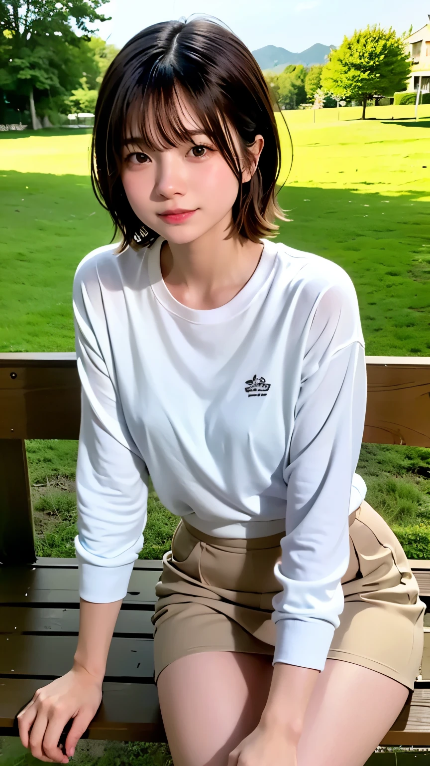 Highest quality、masterpiece、Film Grain、Portrait、Analog Film Photography、BREAK、Perfect Anatomy、One Girl、Cute gestures、、Brown hair short cut、Hair swaying in the wind、Disheveled Hair、No makeup、Shy:0.1、young、Betwchild and adult、Small breasts、On the way to growth、large size white shirt、Beautiful contrast outfit、one summer day、sitting on a park bench、dusk、Enjoy the silence、My hair flutters in the wind、