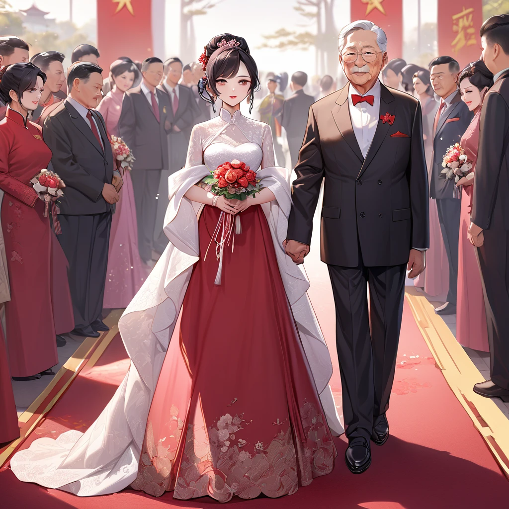 ((Highest quality)), ((masterpiece)), (detailed), （Perfect Face）、The woman is a Chinese woman named Kocho Shinobu.。, Purple gradient bob black hair and formal evening hairstyles. She is wearing an engagement ring. She is a prominent member of the Chinese Communist Party.、She is the wife of a great old Communist Party official.、The woman is beautifully dressed in a gorgeous and glamorous red wedding dress typical of the Chinese Communist Party.、She walked side by side with a dignified elderly Communist Party official down the red carpet aisle in a loving wedding ceremony.。A loving Chinese Communist couple