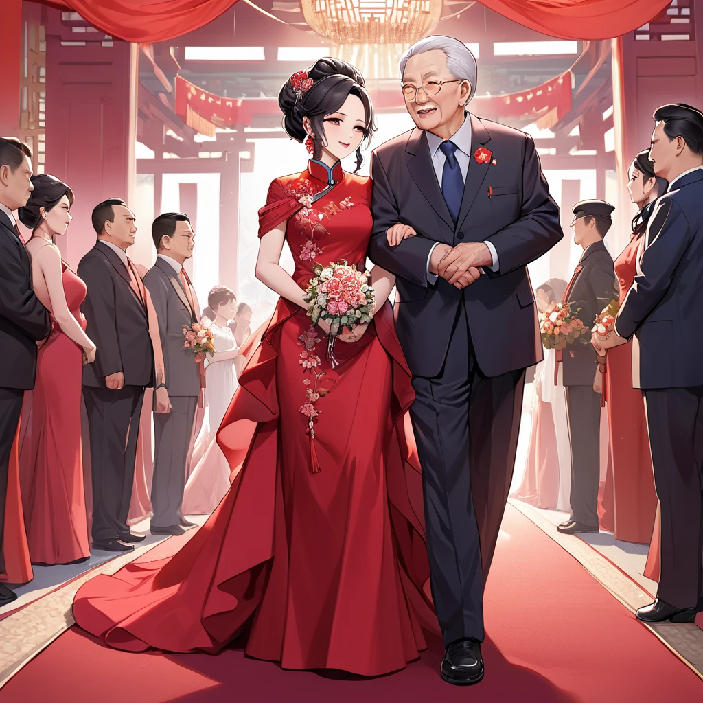 ((Highest quality)), ((masterpiece)), (detailed), （Perfect Face）、The woman is a Chinese woman named Kocho Shinobu.。, Purple gradient bob black hair and formal evening hairstyles. She is wearing an engagement ring. She is a prominent member of the Chinese Communist Party.、She is the wife of a great old Communist Party official.、The woman is beautifully dressed in a gorgeous and glamorous red wedding dress typical of the Chinese Communist Party.、She walked side by side with a dignified elderly Communist Party official down the red carpet aisle in a loving wedding ceremony.。A loving Chinese Communist couple