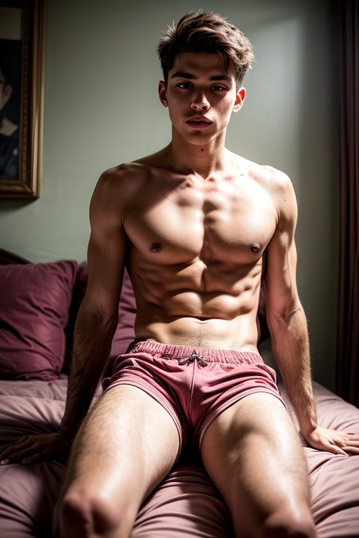 Portrait of a 17-year-old boy, on his knees, small shorts, pink shorts, tank top, pink room, stuffed animals, focus on the boy, supportive pose, open legs, sensuality, seducing the viewer, looking at the viewer, symmetrical body, perfect body, realimo, real, focus on boy, handsome boy, beautiful boy, european facial features, 1boy, solo, teen, white tank top