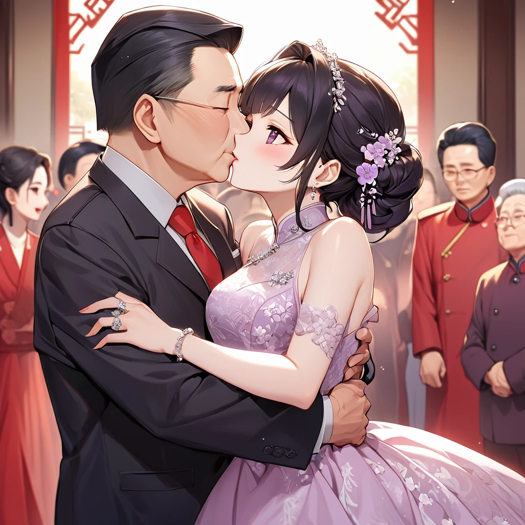 ((Highest quality)), ((masterpiece)), (detailed), （Perfect Face）、The woman is a Chinese woman named Kocho Shinobu.。, Purple gradient bob black hair and formal evening hairstyles. She is wearing an engagement ring. She is a prominent member of the Chinese Communist Party.、She is the wife of a great old Communist Party official.、The woman is beautifully dressed in a gorgeous and glamorous red wedding dress typical of the Chinese Communist Party.、She is seen in a passionate wedding ceremony with a dignified elderly Communist Party official, embracing him passionately and kissing him in a deep vow.。A loving Chinese Communist couple