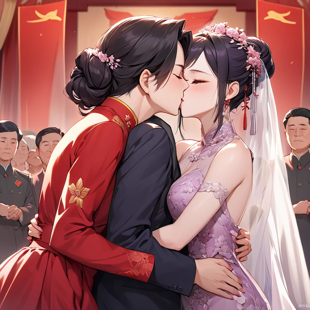 ((Highest quality)), ((masterpiece)), (detailed), (Perfect Face)、The woman is a Chinese woman named Kocho Shinobu.。, Purple gradient bob black hair and formal evening hairstyles. She is wearing an engagement ring. She is a prominent member of the Chinese Communist Party.、She is the wife of a great old Communist Party official.、The woman is beautifully dressed in a gorgeous and glamorous red wedding dress typical of the Chinese Communist Party.、She is seen in a passionate wedding ceremony with a dignified elderly Communist Party official, embracing him passionately and kissing him in a deep vow.。A loving Chinese Communist couple